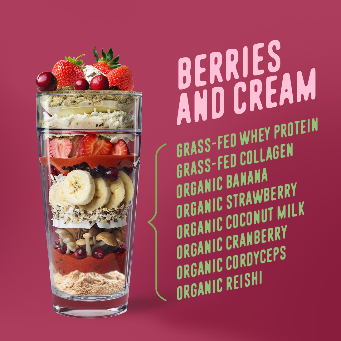 berries and cream ingredients with a glass