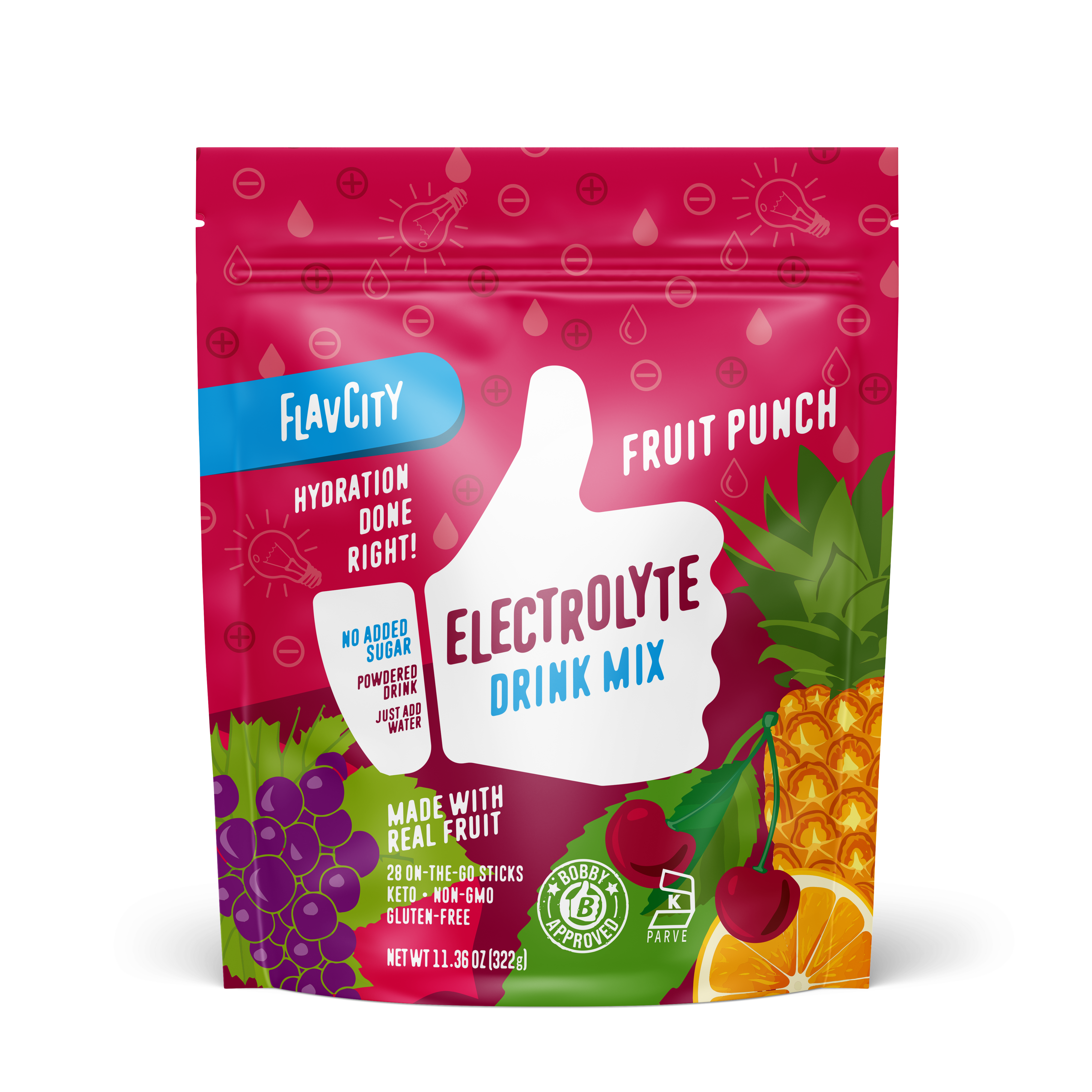 Front of a bag of 'Fruit Punch' flavored electrolyte drink mix, featuring a colorful design with fruit imagery for hydration and energy replenishment.