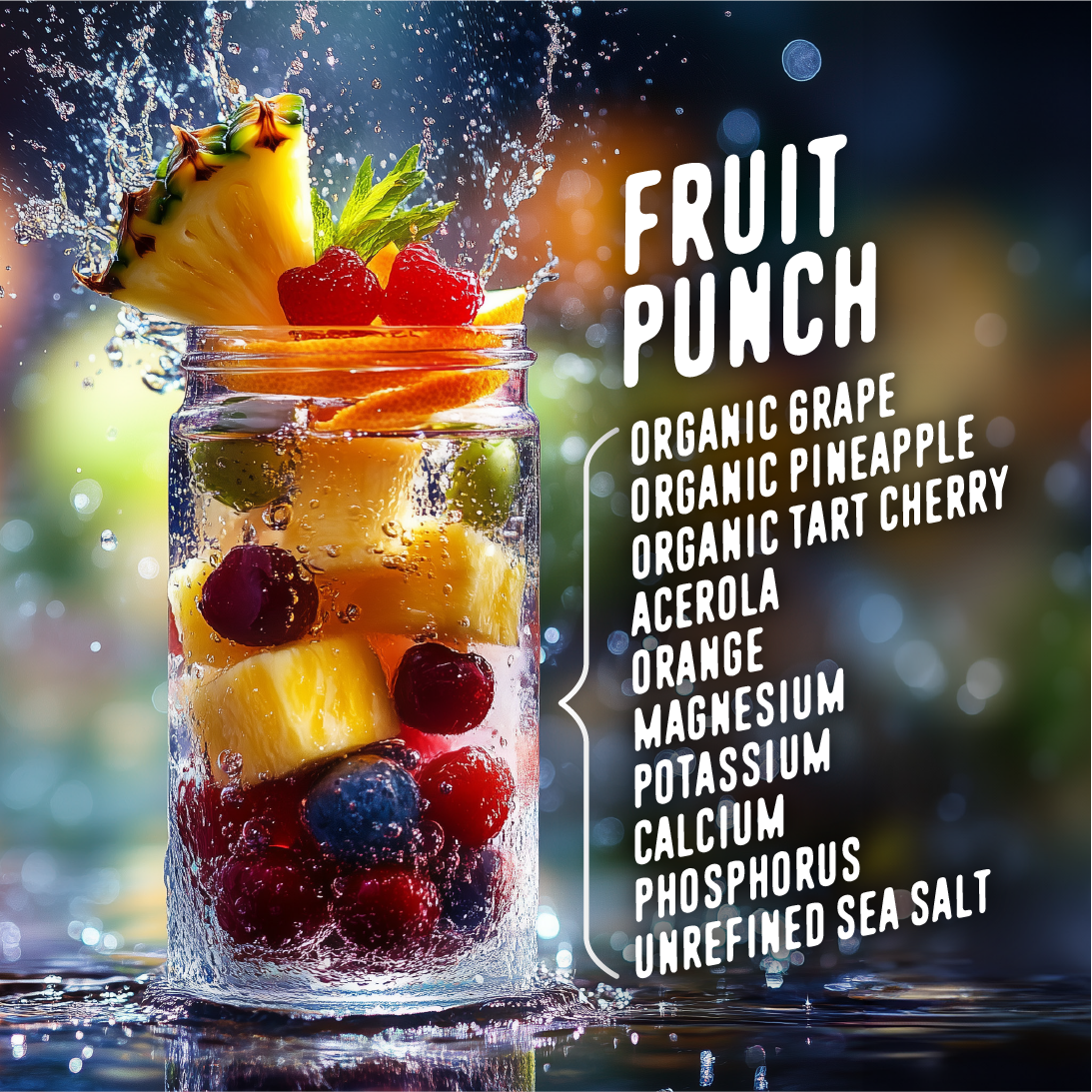 FlavCity Fruit Punch Electrolyte Drink Mix in a glass jar filled with sparkling water, pineapple chunks, cherries, blueberries, and a pineapple wedge garnish. The design highlights ingredients like "Organic Grape," "Organic Pineapple," "Organic Tart Cherry," "Acerola," and "Orange," as well as minerals including "Magnesium," "Potassium," "Calcium," "Phosphorus," and "Unrefined Sea Salt," set against a vibrant and refreshing background with water droplets and splashes.
