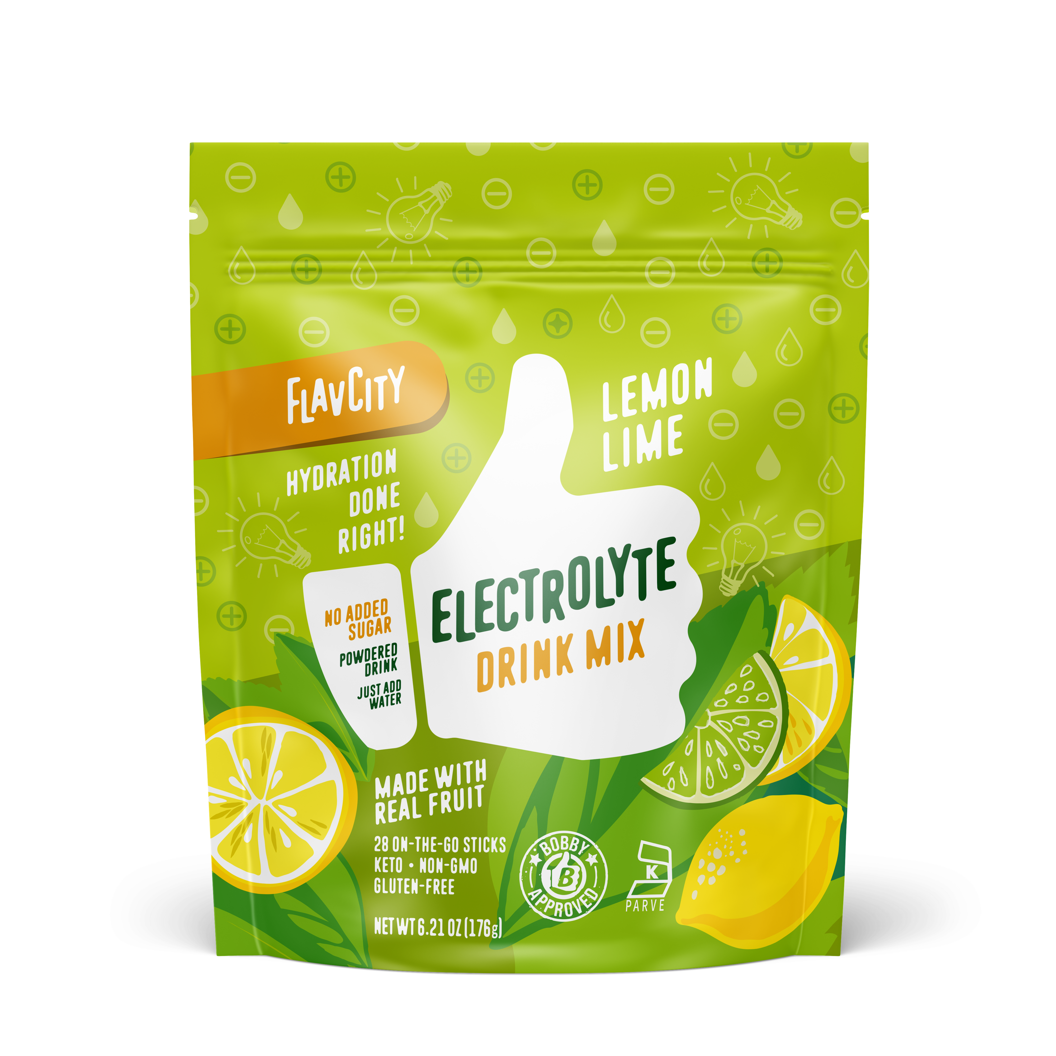 Front of a bag of 'Lemon Lime' flavored electrolyte mix, featuring a bright and citrus-themed design that emphasizes hydration and recovery benefits.