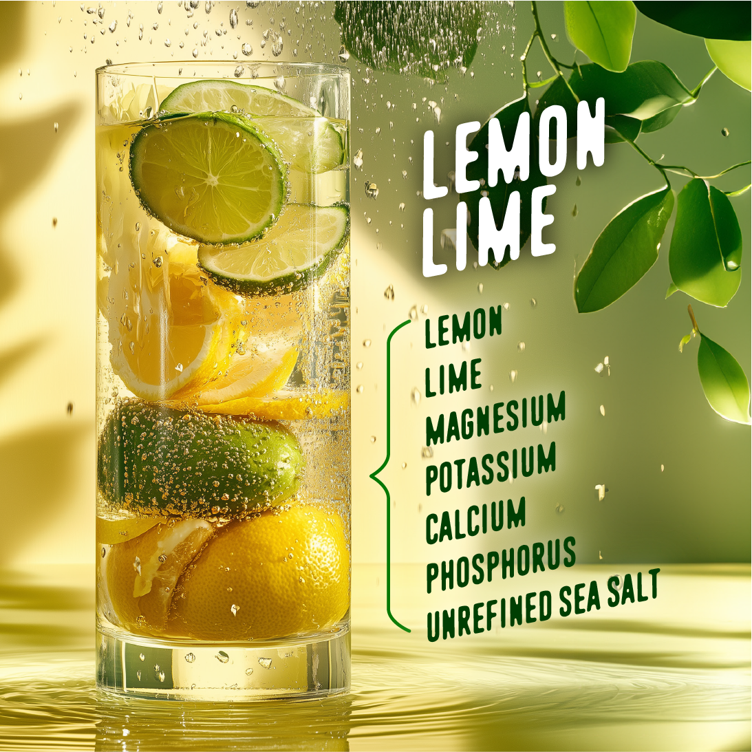 FlavCity Lemon Lime Electrolyte Drink Mix in a tall glass filled with sparkling water, lemon wedges, and lime slices. The design highlights key ingredients such as "Lemon," "Lime," and minerals including "Magnesium," "Potassium," "Calcium," "Phosphorus," and "Unrefined Sea Salt," set against a fresh green and yellow background with water droplets and hanging lime leaves.