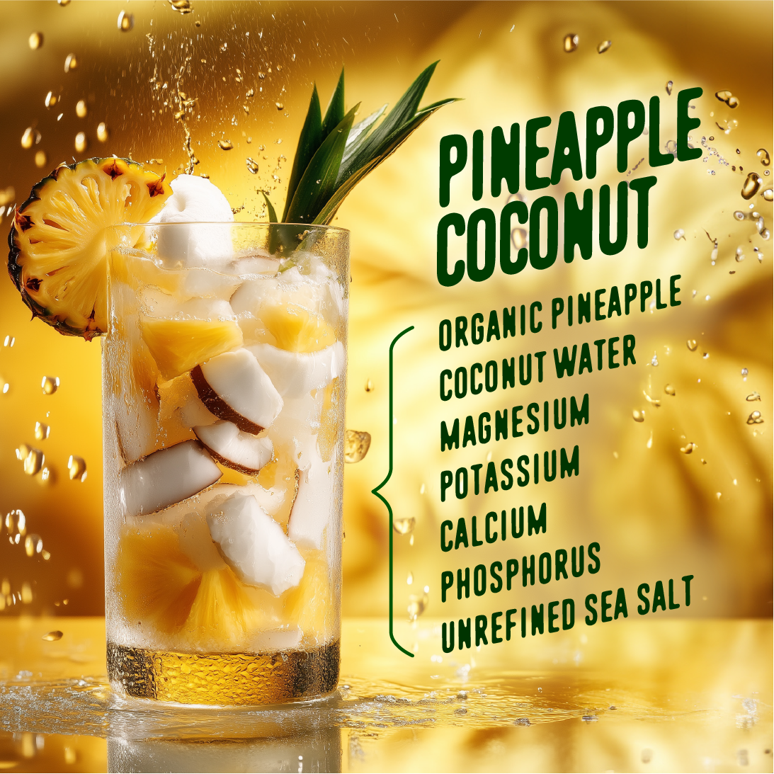 FlavCity Pineapple Coconut Electrolyte Drink Mix in a tall glass filled with ice, pineapple chunks, and coconut pieces. The design highlights key ingredients such as "Organic Pineapple," "Coconut Water," and minerals like "Magnesium," "Potassium," "Calcium," "Phosphorus," and "Unrefined Sea Salt," set against a vibrant yellow background with splashes of water and tropical visuals.
