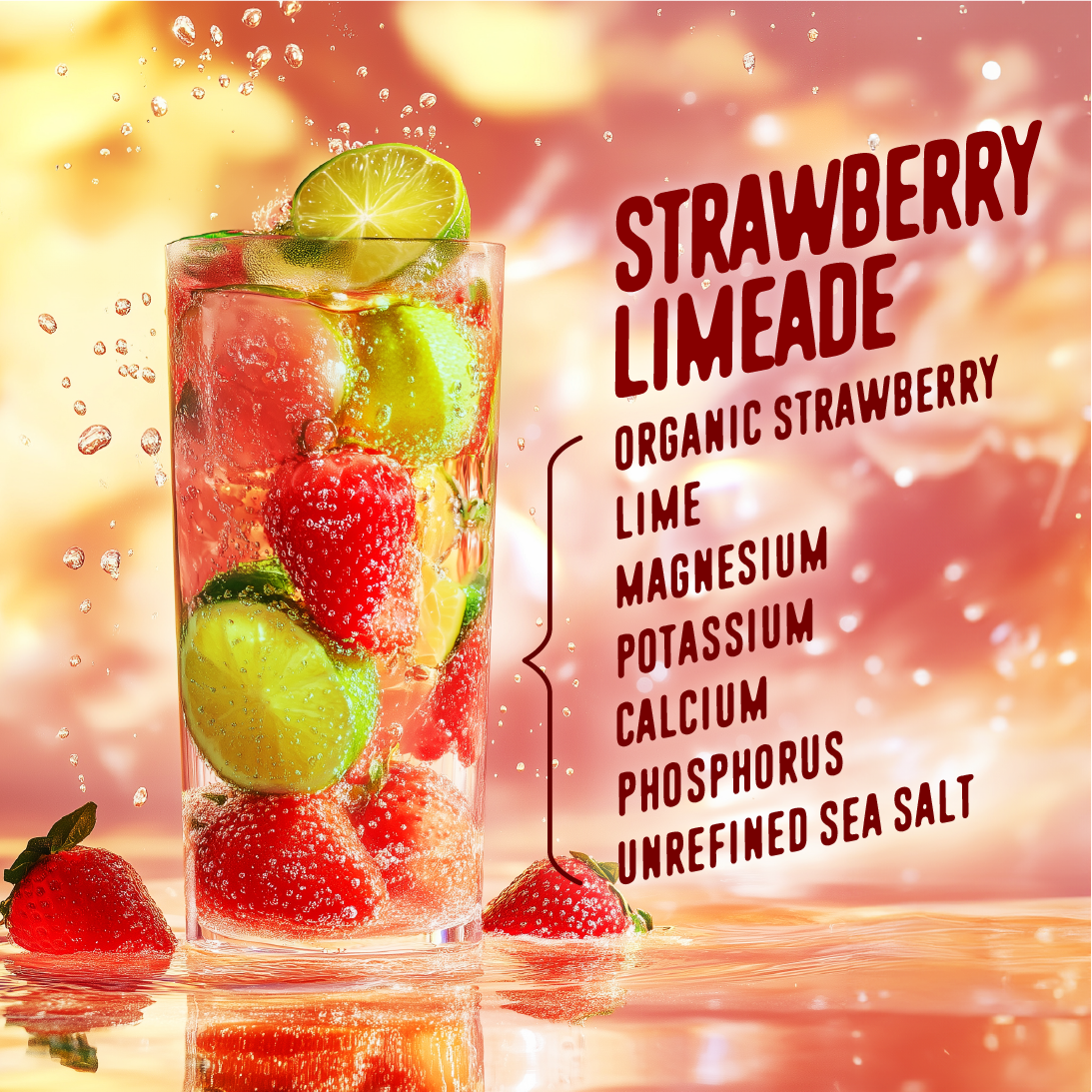 FlavCity Strawberry Limeade Electrolyte Drink Mix in a tall glass filled with ice, fresh strawberries, and lime slices. The design emphasizes key ingredients like "Organic Strawberry," "Lime," and essential minerals such as "Magnesium," "Potassium," "Calcium," "Phosphorus," and "Unrefined Sea Salt," set against a refreshing red-orange background with splashes of water and fruit accents.