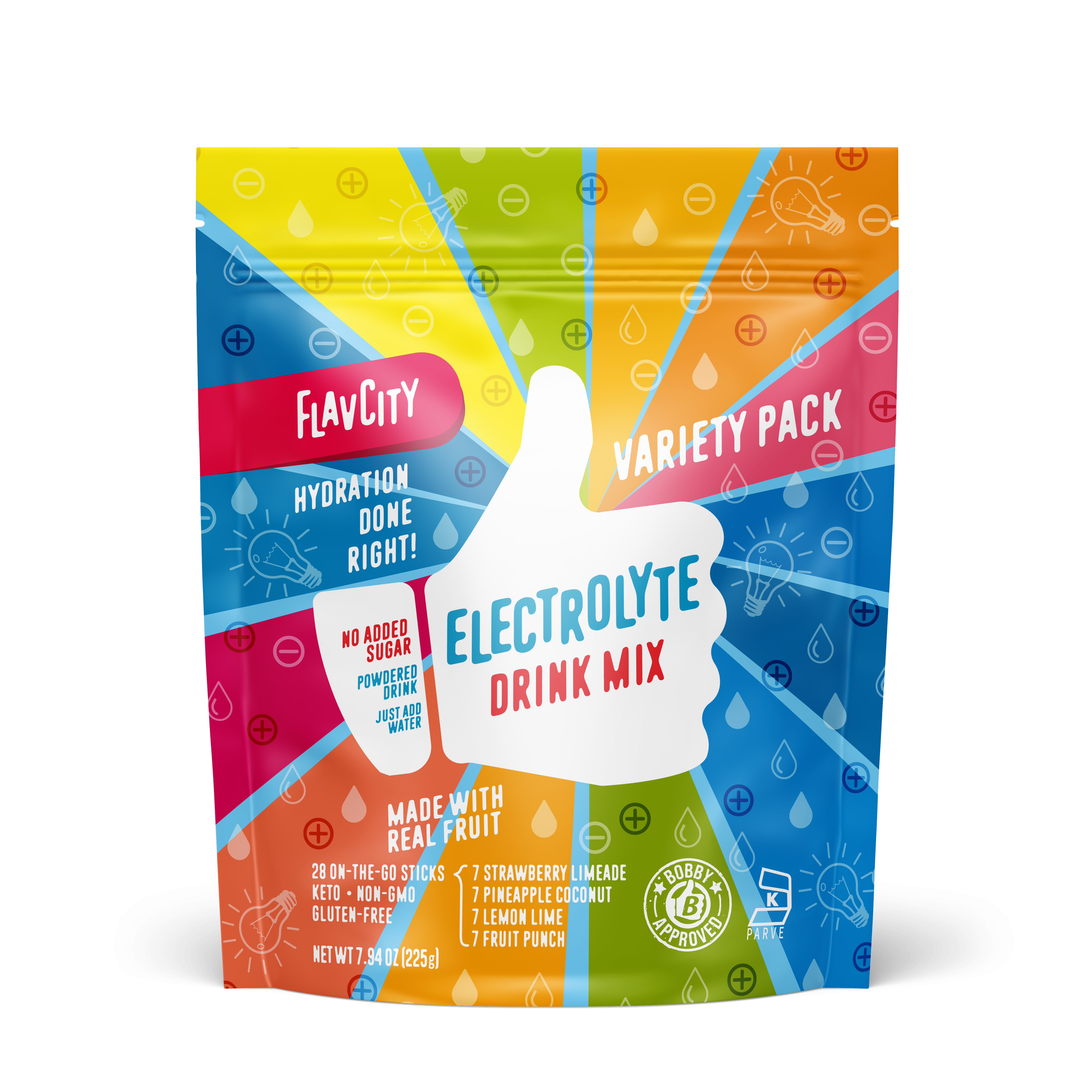 A box of electrolyte drink mix packets in a variety pack, featuring a colorful front design with energy and hydration imagery