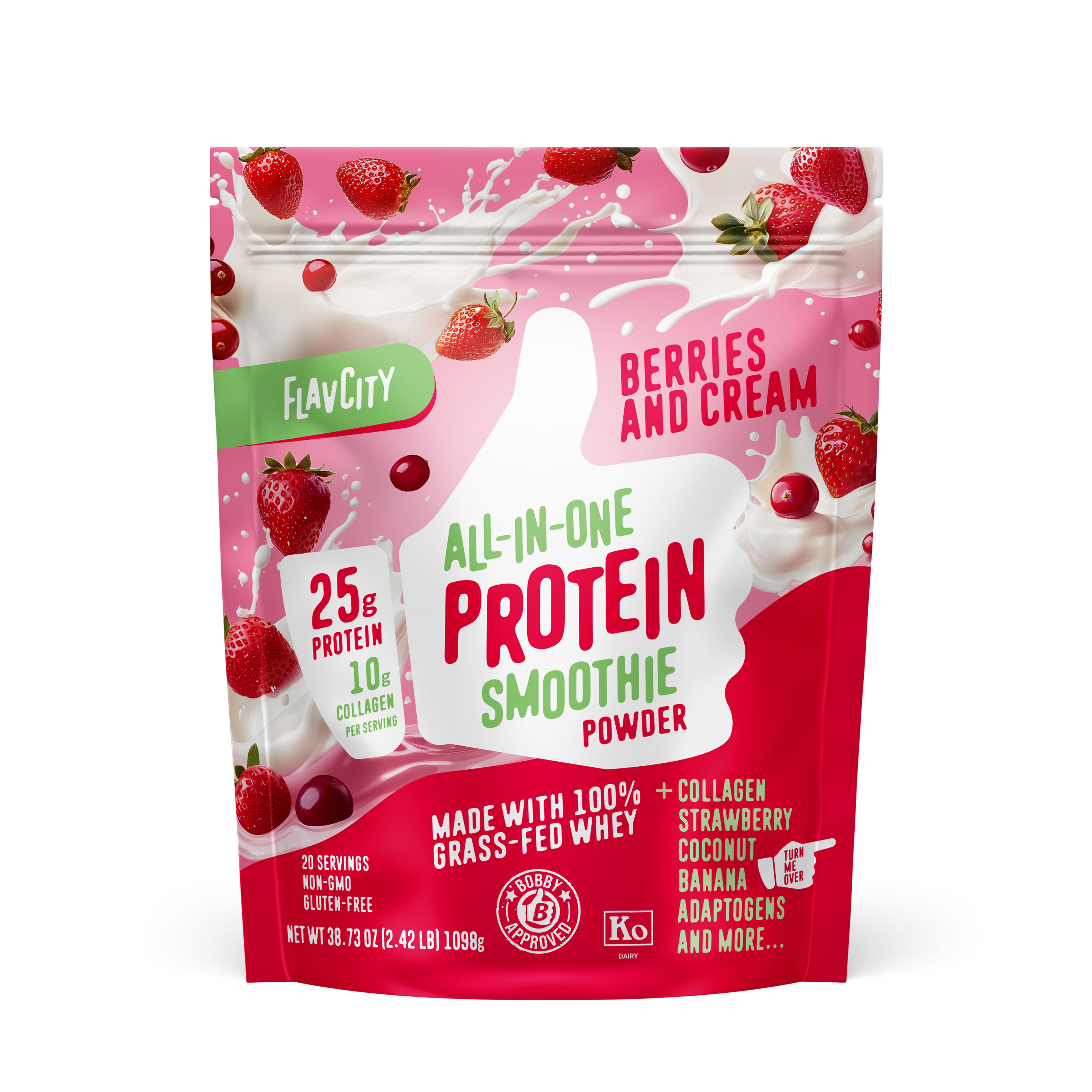 Front of FlavCity Berries and Cream all-in-one protein smoothie powder package showcasing fresh strawberries, cranberries, milk splashes, 25g protein badge on pink gradient background.