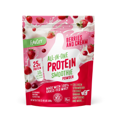 Front of FlavCity Berries and Cream all-in-one protein smoothie powder package showcasing fresh strawberries, cranberries, milk splashes, 25g protein badge on pink gradient background.