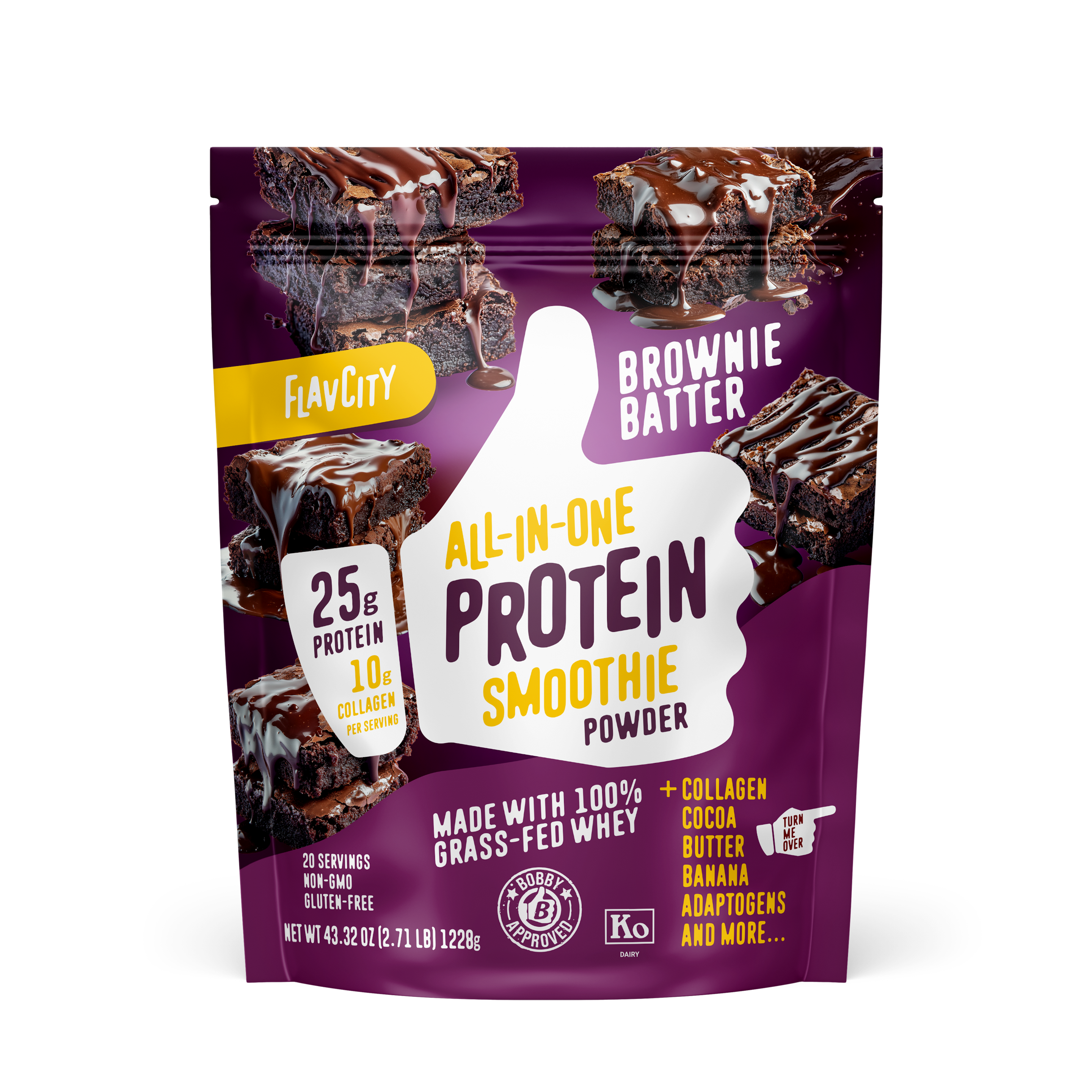 Front of FlavCity Brownie Batter all-in-one protein smoothie powder package featuring dripping chocolate brownies, 25g protein badge, and grass-fed whey certification on purple background.