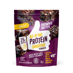 Front of FlavCity Brownie Batter all-in-one protein smoothie powder package featuring dripping chocolate brownies, 25g protein badge, and grass-fed whey certification on purple background.