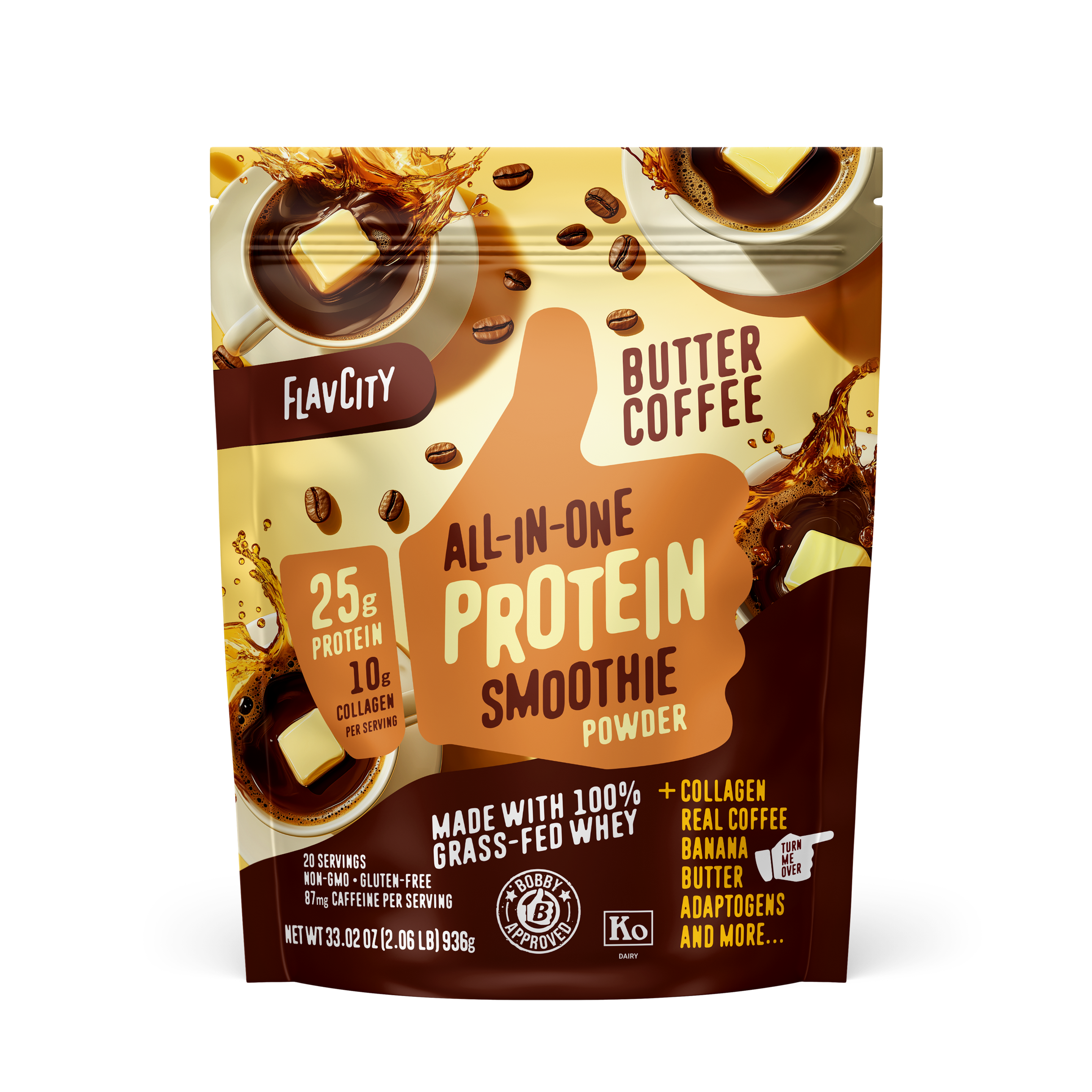 FlavCity butter coffee flavored protein smoothie powder package front featuring coffee beans and butter imagery. Highlights 25g protein, 10g collagen per serving, grass-fed whey, and adaptogen ingredients on brown and gold background.