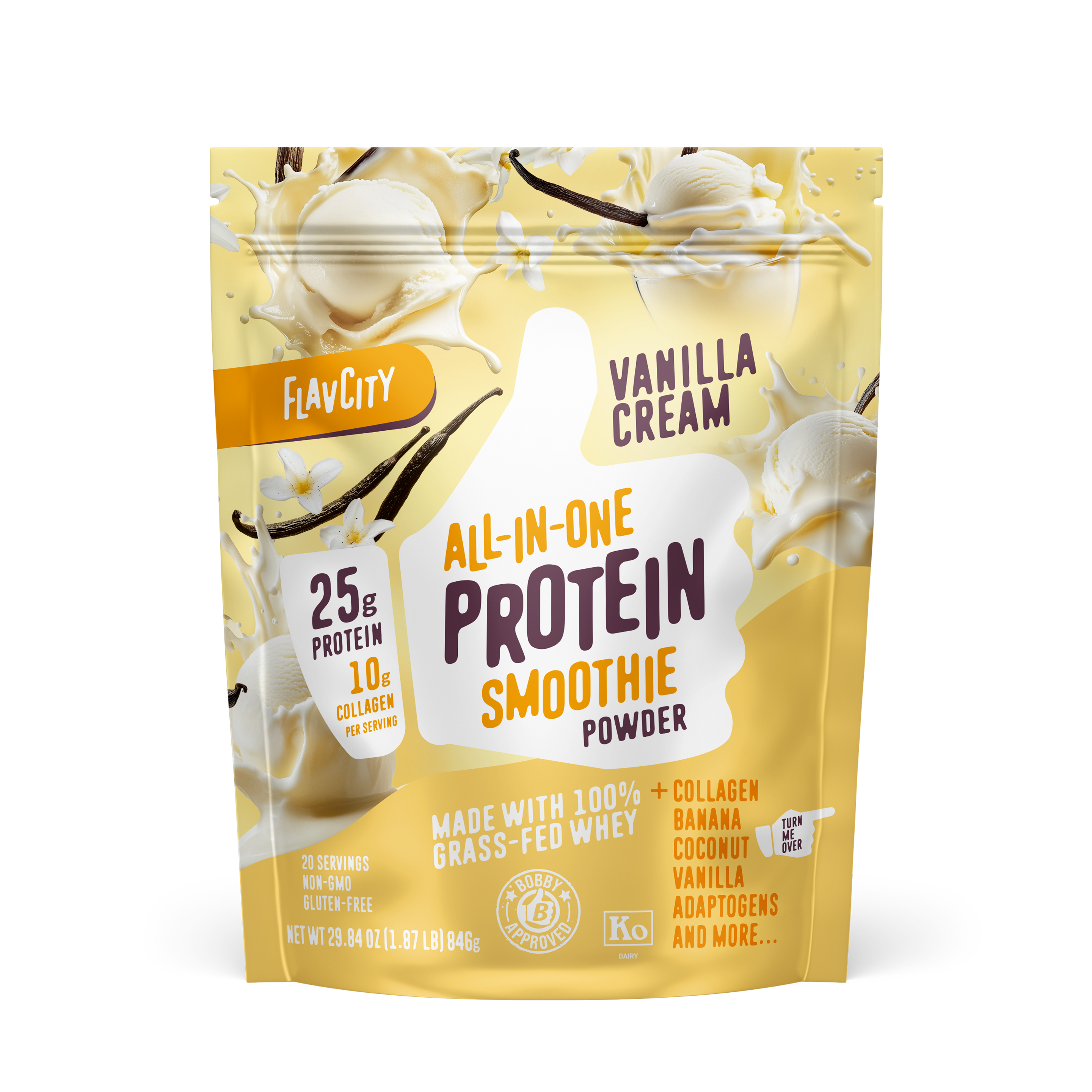 FlavCity All-in-One Protein Smoothie powder in Vanilla Cream flavor showcasing 25g protein and 10g collagen per serving, with vanilla beans and cream splashes against a soft yellow background