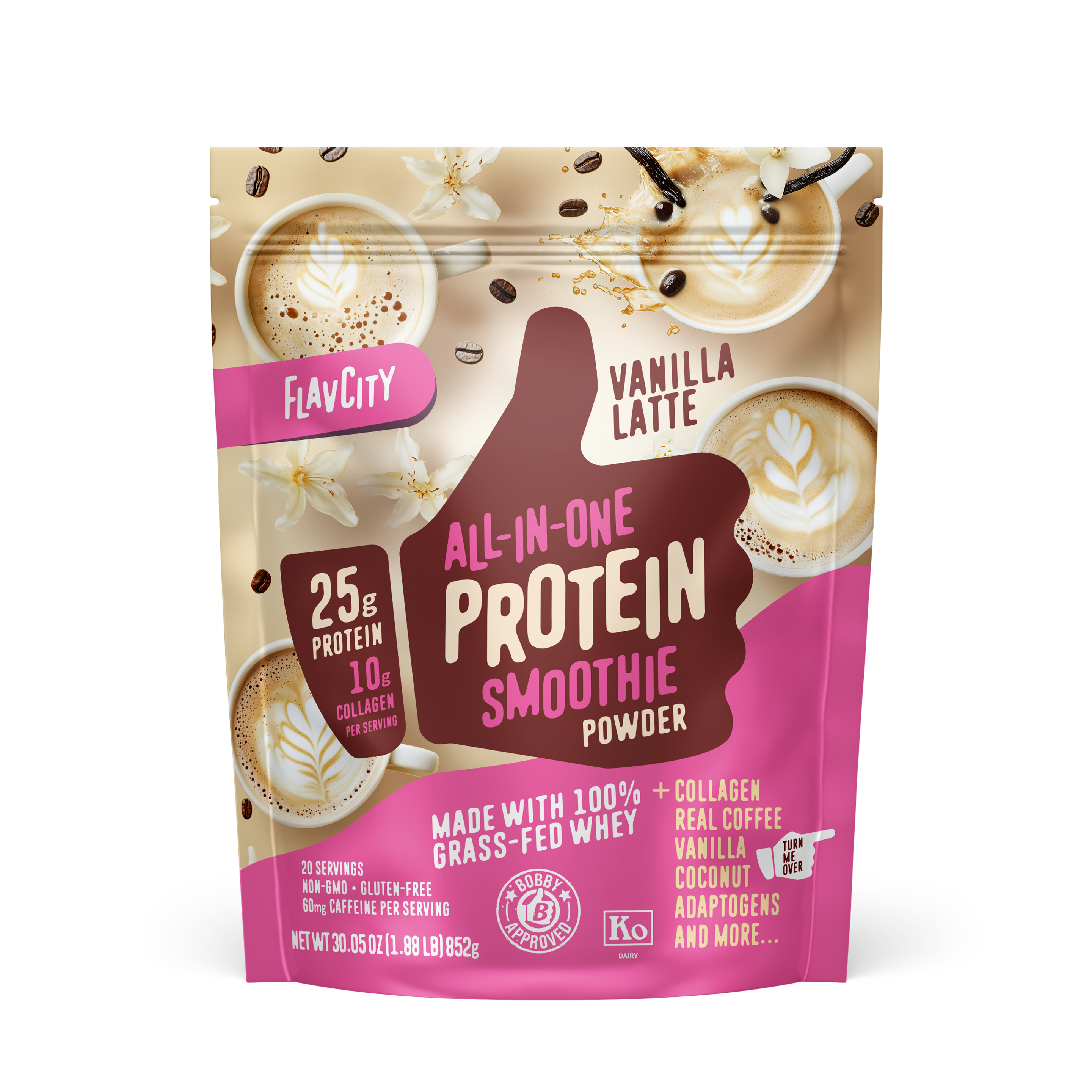 FlavCity Vanilla Latte Protein Smoothie Powder with 25g protein, 10g collagen, grass-fed whey, and vanilla coconut flavor in pink resealable pouch.