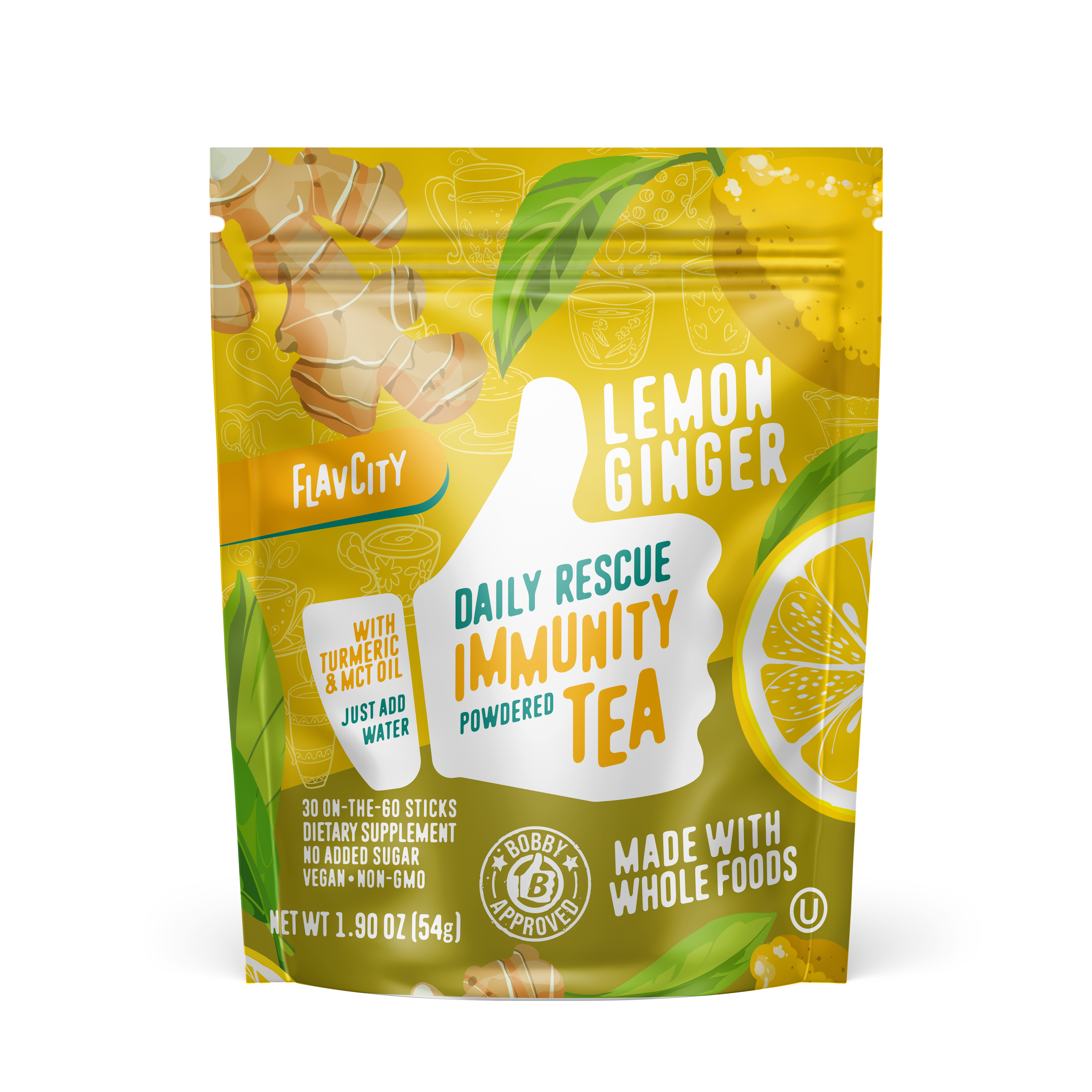 FlavCity Lemon Ginger Daily Rescue Immunity Tea powdered drink mix in a resealable yellow bag. The design features a white thumb-up graphic and text promoting 'Made with whole foods' and 'Bobby Approved,' with illustrations of ginger slices and lemon wedges.