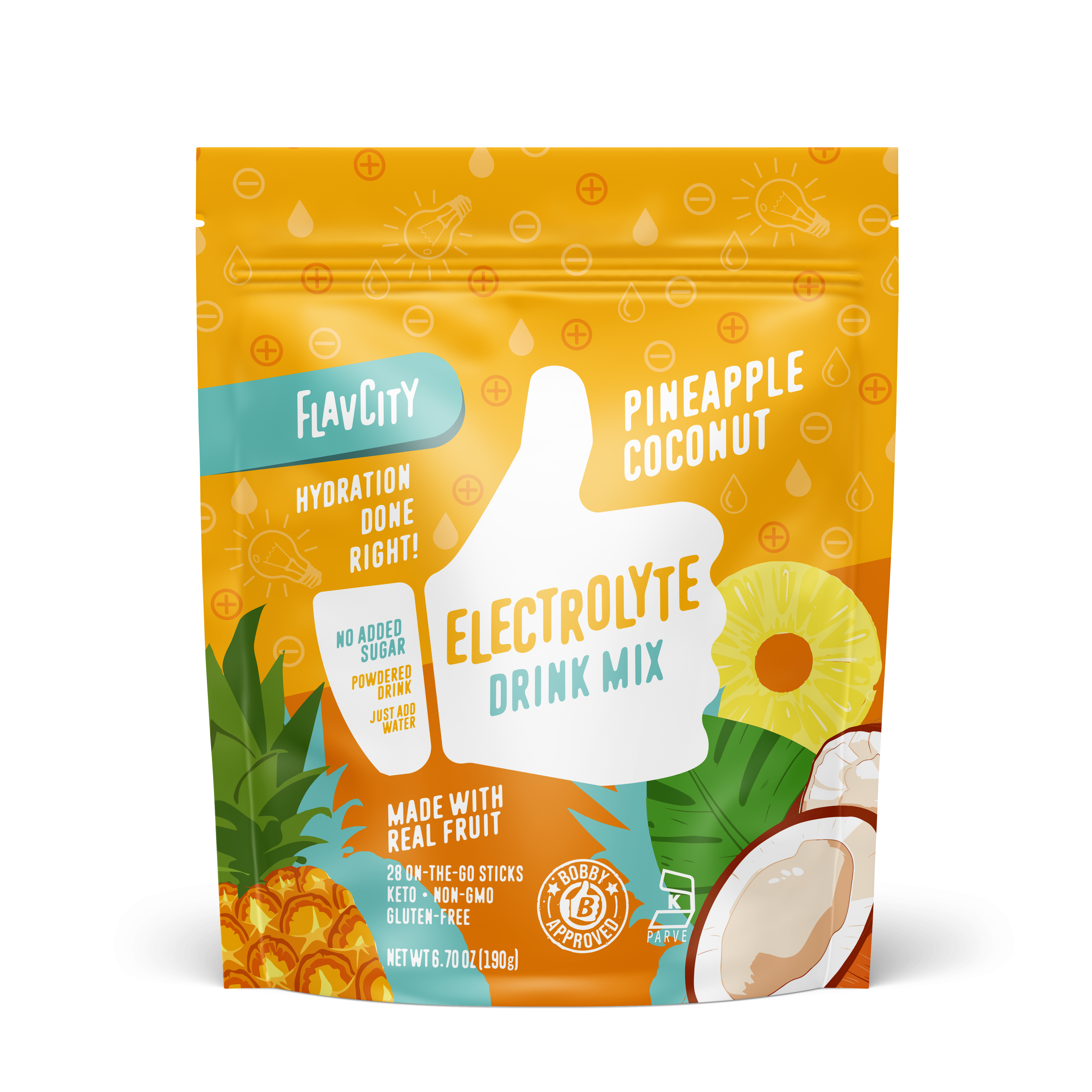 FlavCity Pineapple Coconut Electrolyte Drink Mix in a resealable yellow and orange bag. The design features a white thumb-up graphic and text promoting 'Hydration done right,' 'No added sugar,' 'Made with real fruit,' and 'Bobby Approved,' with illustrations of pineapple slices, coconut halves, and tropical leaves.