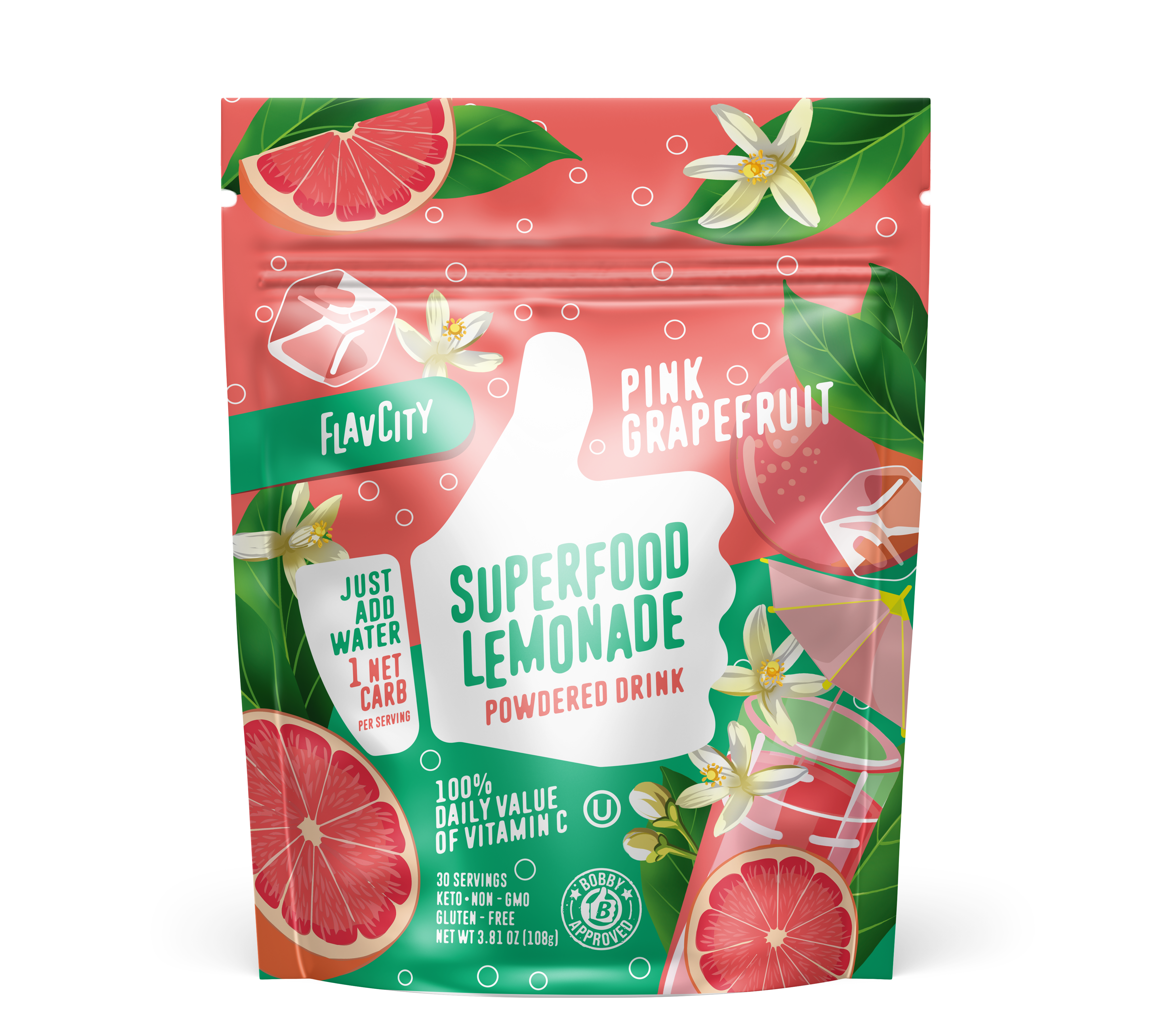 FlavCity Pink Grapefruit Superfood Lemonade powdered drink mix in a resealable pink and green bag. The design features a white thumb-up graphic and text promoting 'Just add water,' '1 net carb per serving,' and '100% daily value of Vitamin C.' Decorated with illustrations of sliced pink grapefruits, grapefruit blossoms, and a glass of pink lemonade.