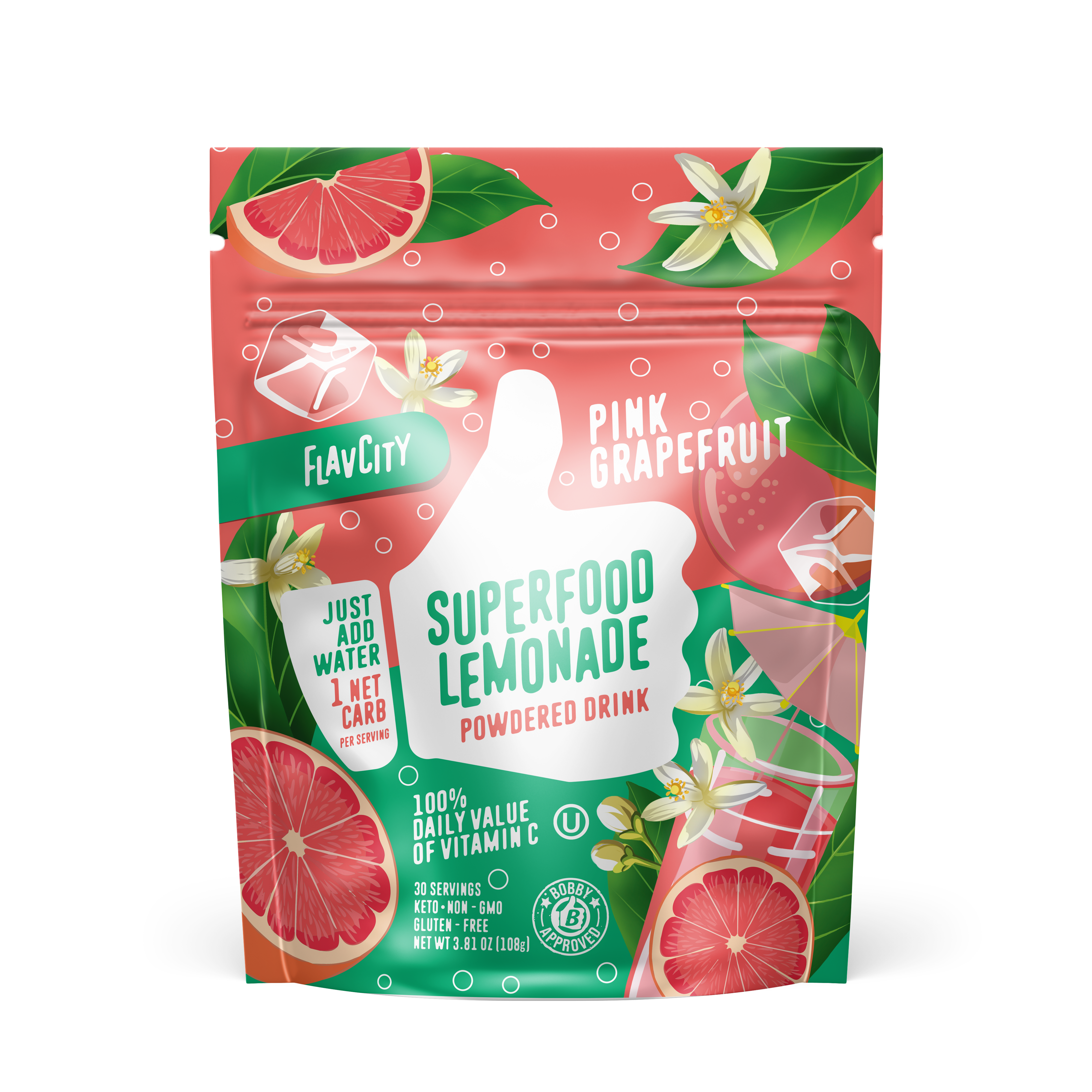 FlavCity Pink Grapefruit Superfood Lemonade powdered drink mix in a resealable pink and green bag. The design features a white thumb-up graphic and text promoting 'Just add water,' '1 net carb per serving,' and '100% daily value of Vitamin C.' Decorated with illustrations of sliced pink grapefruits, grapefruit blossoms, and a glass of pink lemonade.