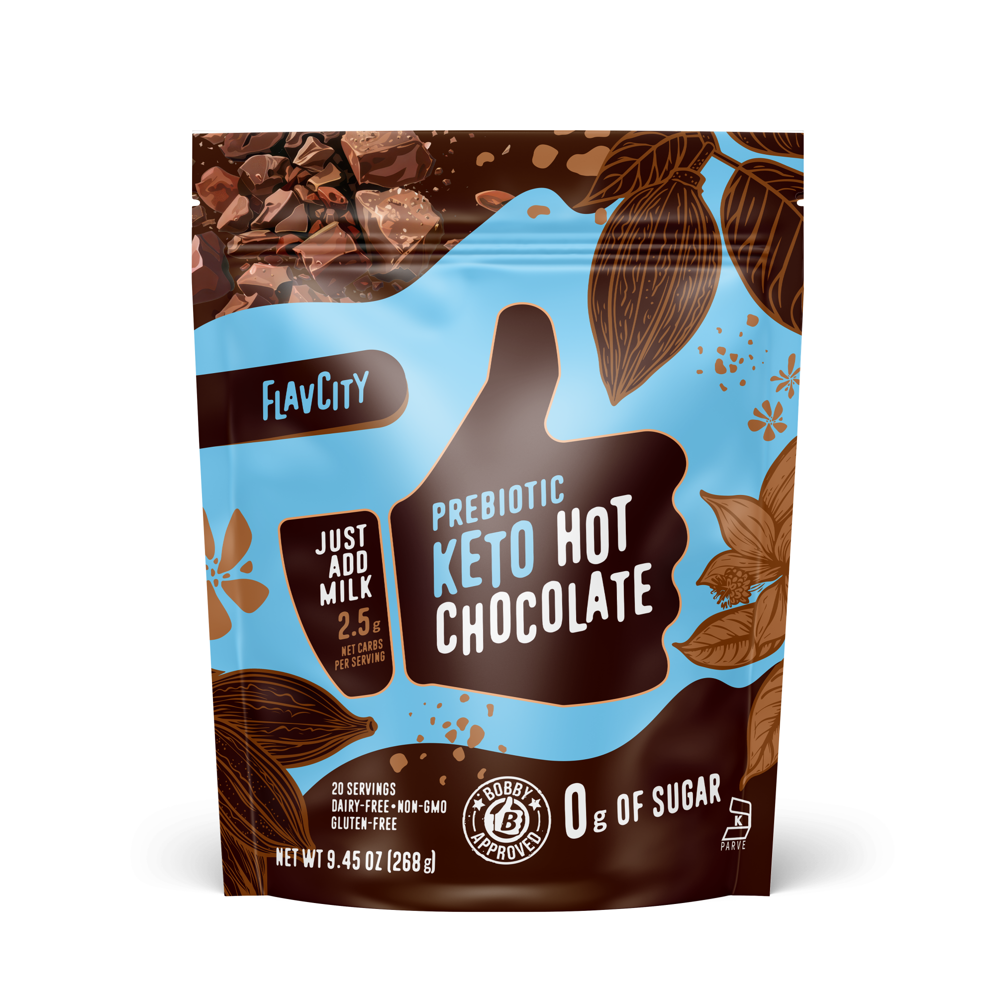 FlavCity Prebiotic Keto Hot Chocolate mix in a resealable blue and brown bag. The design features a white thumb-up graphic and text promoting 'Just add milk,' '2.5g net carbs,' '0g of sugar,' and 'Bobby Approved,' with illustrations of cocoa beans, leaves, and chocolate chunks.