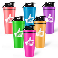 Set of six colorful shaker bottles with black lids, each featuring a white thumbs-up graphic and the text ‘Bobby Approved.’ Bottles are displayed in coral, blue, purple, green, pink, and orange colors on a white background.
