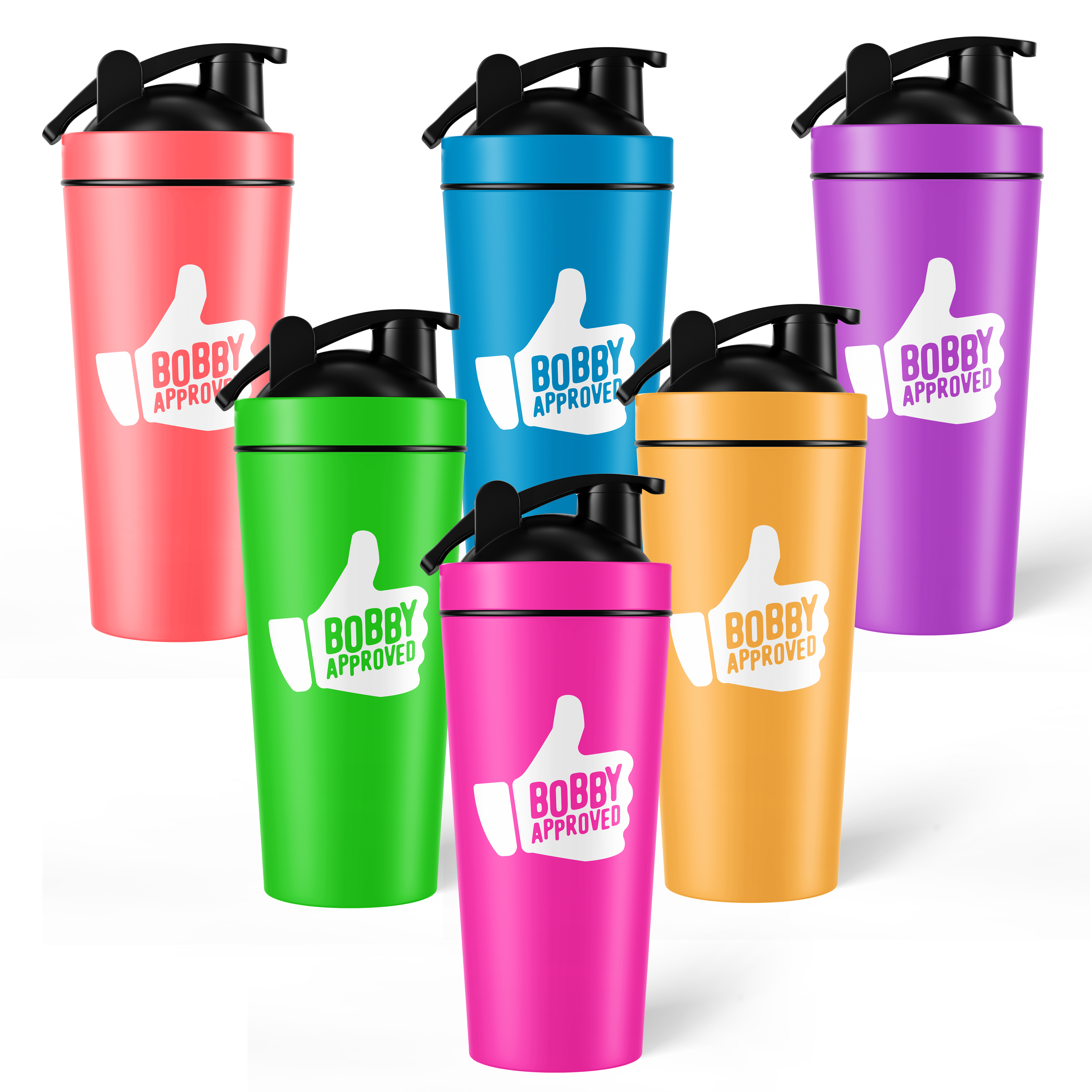 Set of six colorful shaker bottles with black lids, each featuring a white thumbs-up graphic and the text ‘Bobby Approved.’ Bottles are displayed in coral, blue, purple, green, pink, and orange colors on a white background.