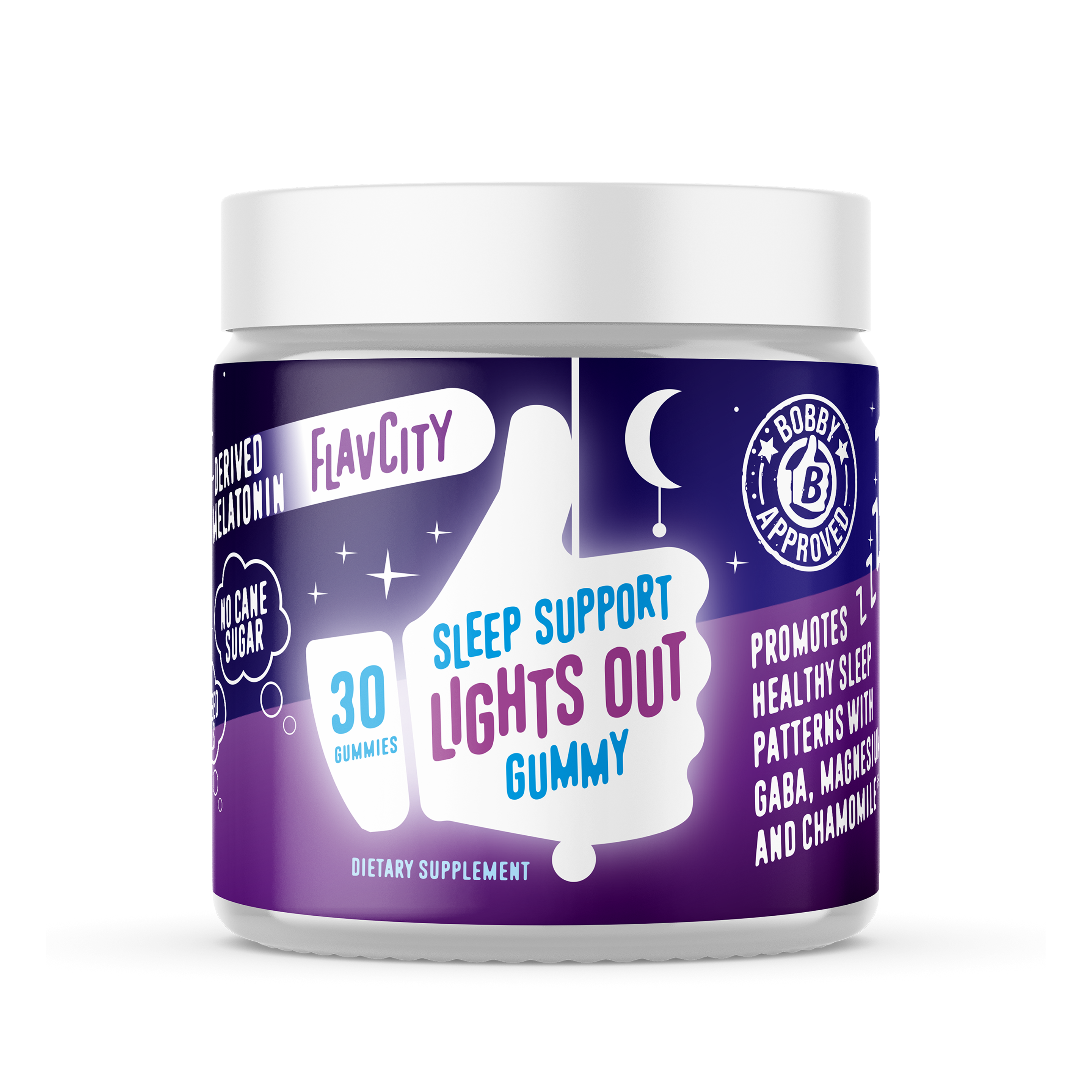 A container of 30 'Lights Out Sleep Support Gummy' dietary supplement, with a blue and purple label design emphasizing its benefits for restful sleep.