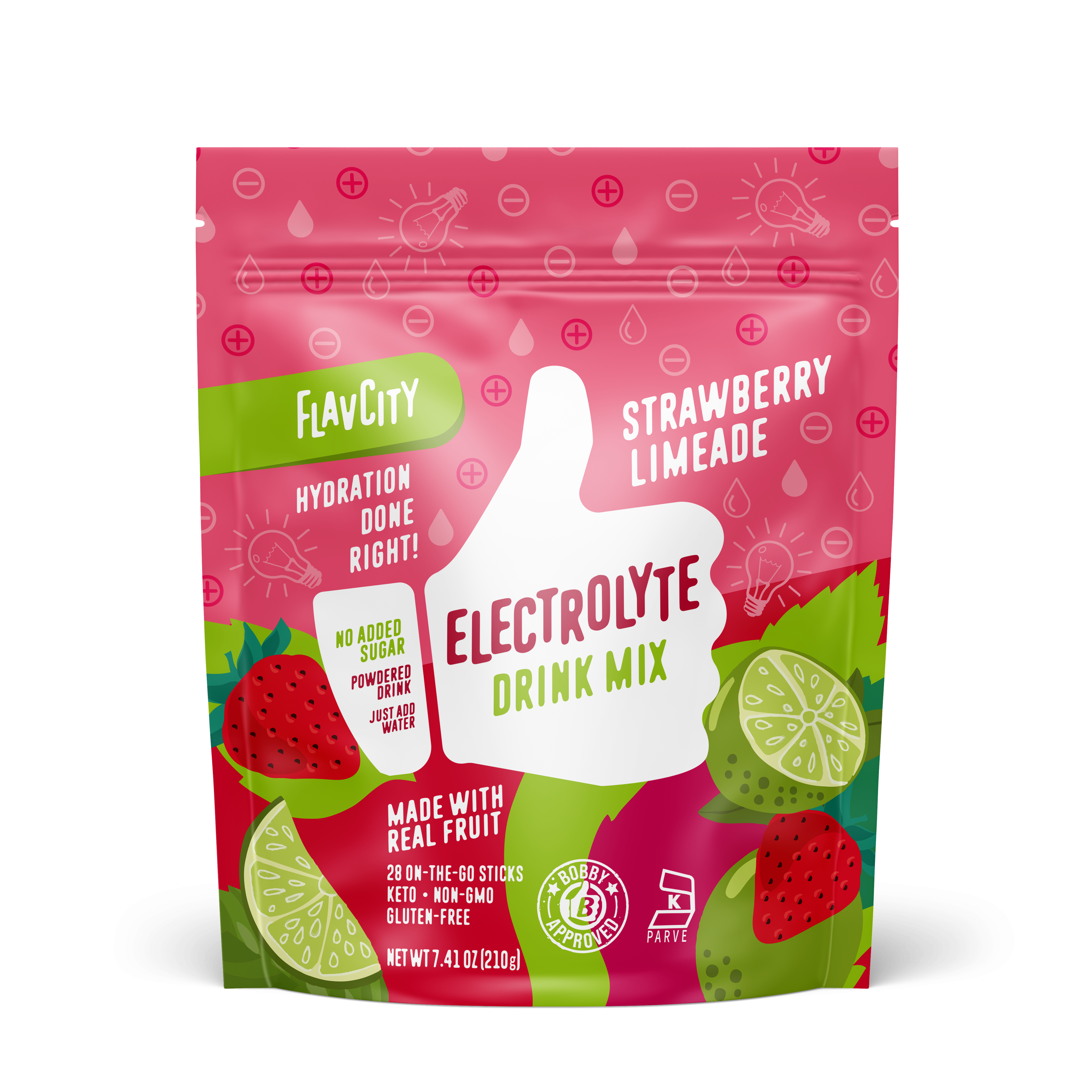 FlavCity Strawberry Limeade Electrolyte Drink Mix in a resealable pink and green bag. The design features a white thumb-up graphic and text promoting 'Hydration done right,' 'No added sugar,' 'Made with real fruit,' and 'Bobby Approved,' with illustrations of strawberries, lime slices, and water droplets.