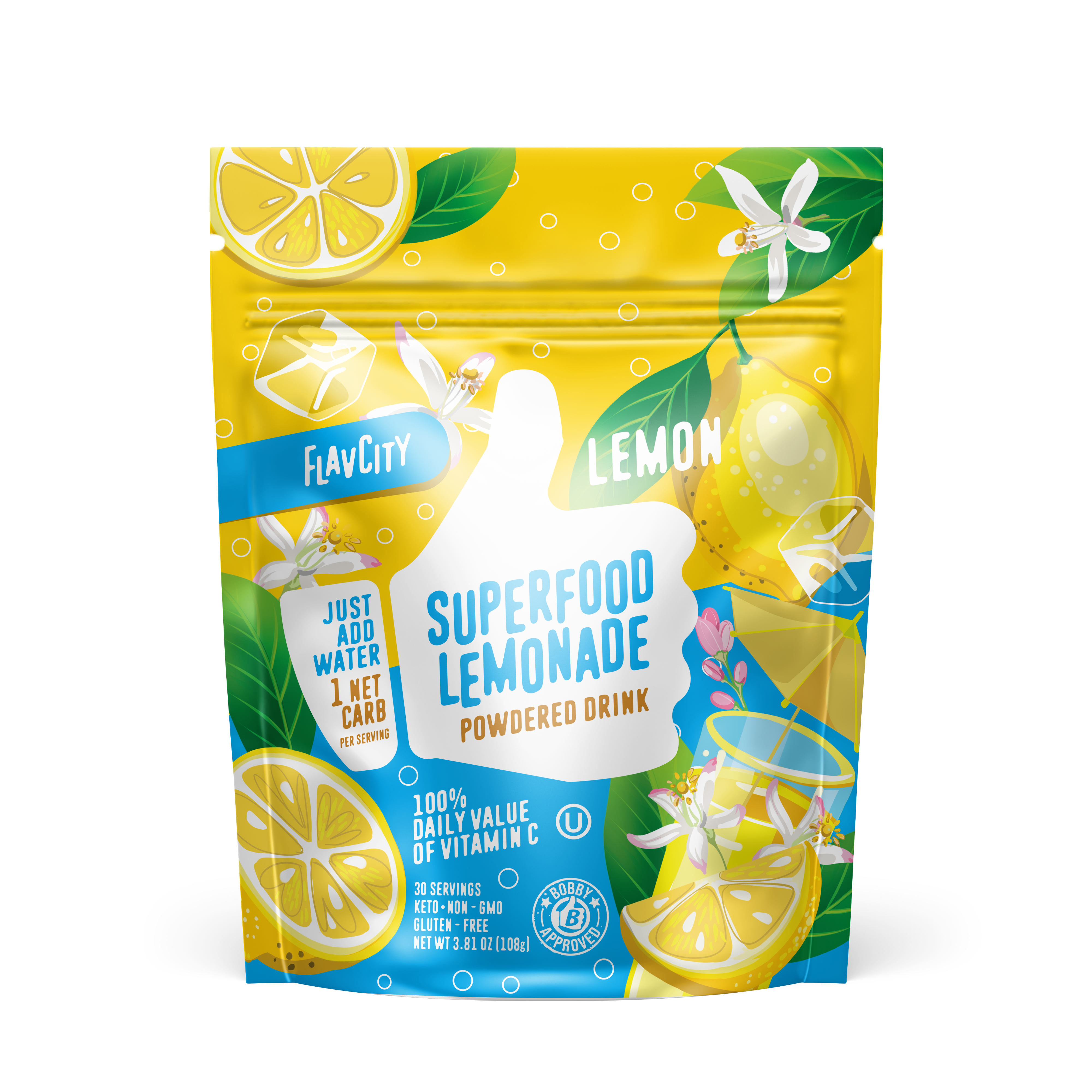 FlavCity Lemon Superfood Lemonade powdered drink mix in a resealable yellow and blue bag. The design features a white thumb-up graphic and text promoting 'Just add water,' '1 net carb per serving,' and '100% daily value of Vitamin C.' Decorated with illustrations of fresh lemons, lemon blossoms, and a glass of lemonade.