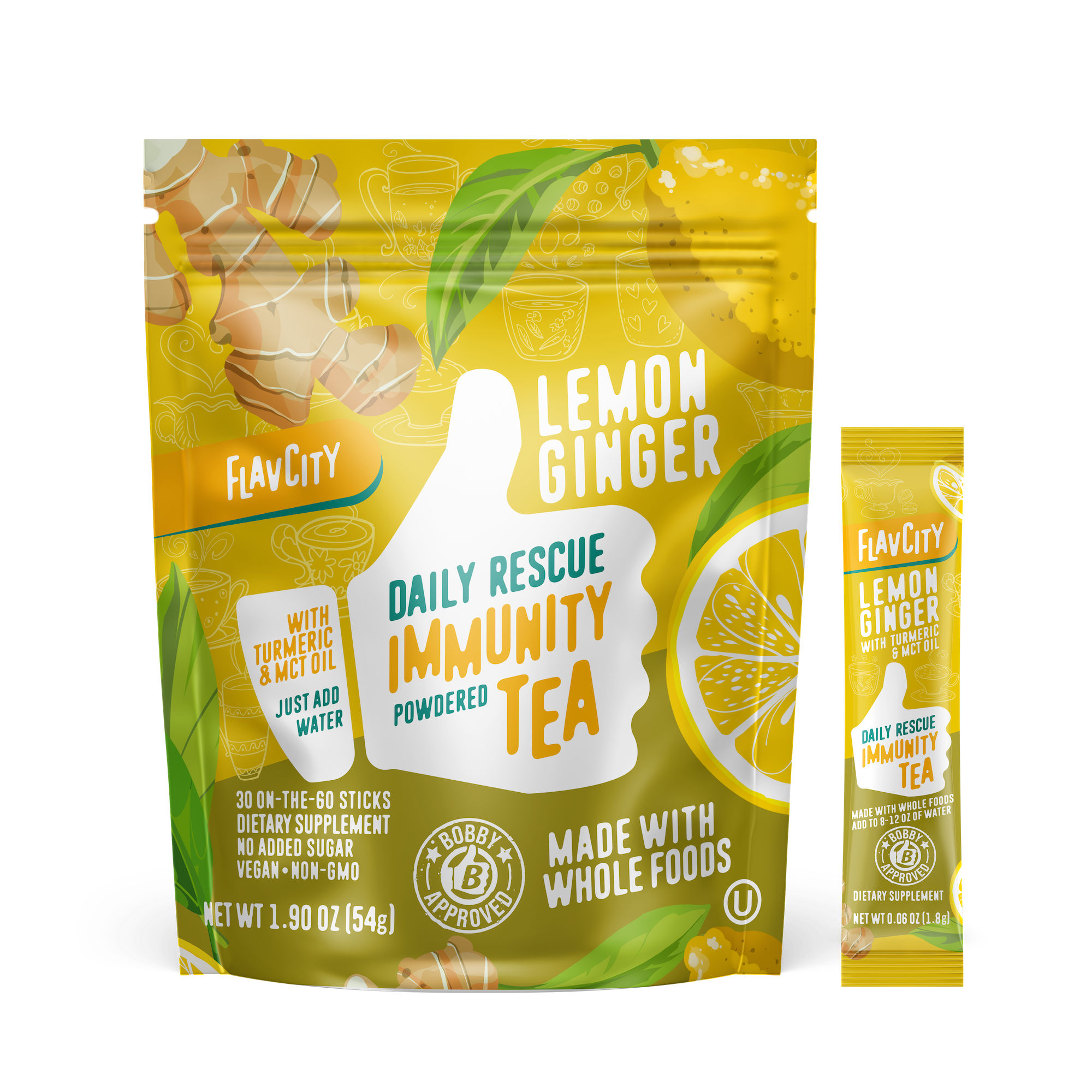FlavCity Daily Rescue Immunity Tea package in yellow and green featuring lemon ginger flavor with turmeric and MCT oil. Contains 30 powdered tea sticks, vegan, non-GMO, no added sugar. Package shows illustrations of ginger root, lemon slices, and tea cups. Bobby approved seal visible. Net weight 1.90 oz (54g). Single serving stick packet shown next to main package.