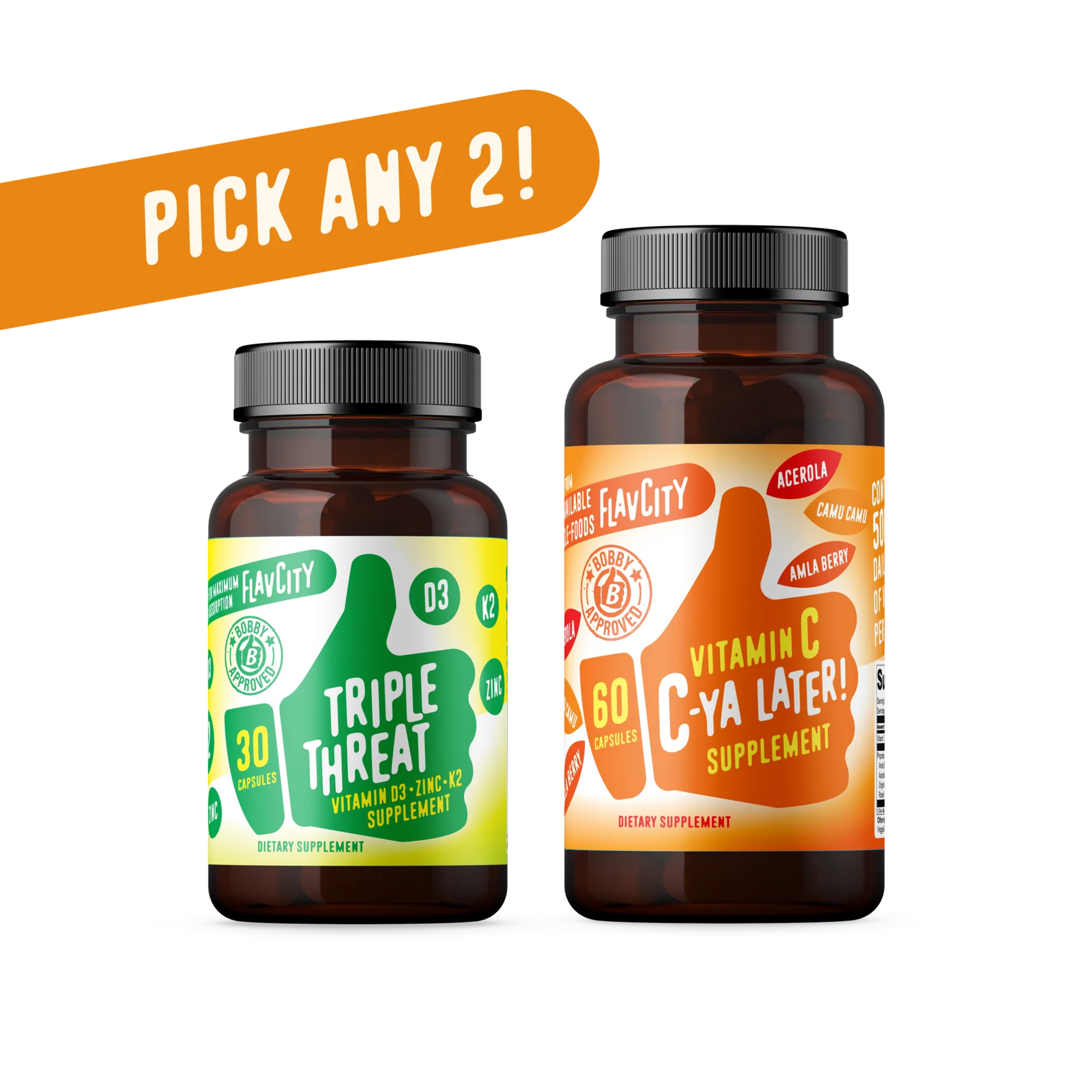 A bundle of two vitamin supplement bottles, showcasing a range of vitamins designed to support overall health and well-being.